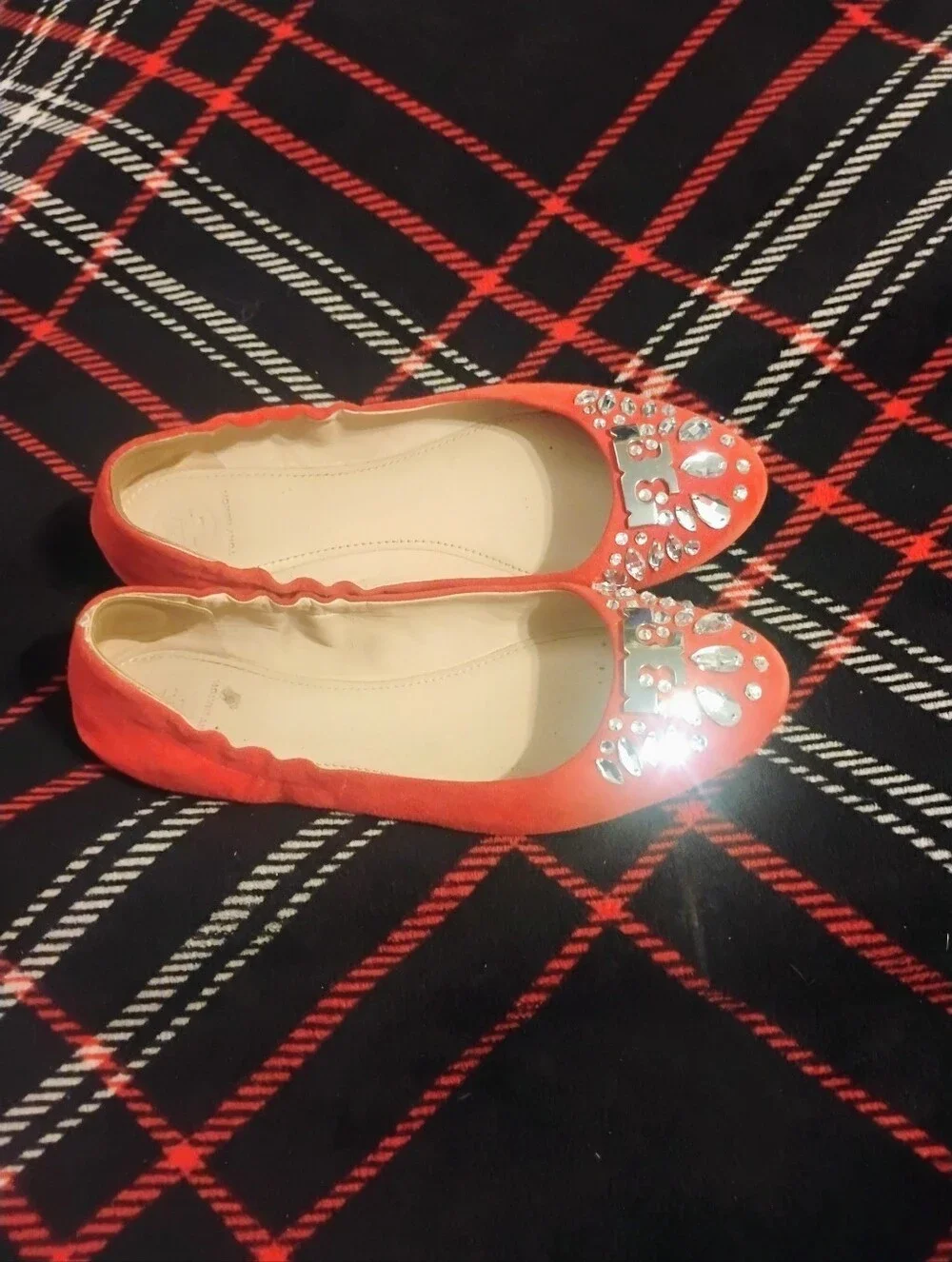 Women's Red Suede Tory Burch Ballet Flats With Sparkling Rhinestones Size 9